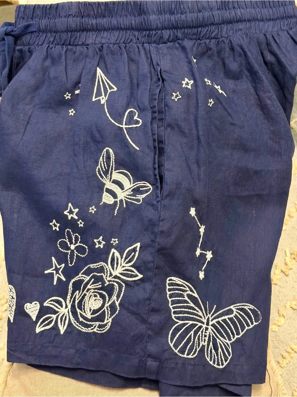 Johnny Was Sovanna Embroidered Linen Shorts – Navy Blue – Boho - Size Small